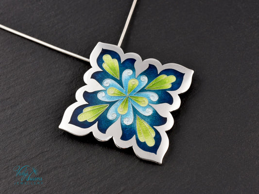 Vibrant Flower Mandala Necklace – Champlevé Enamel in Fine Silver