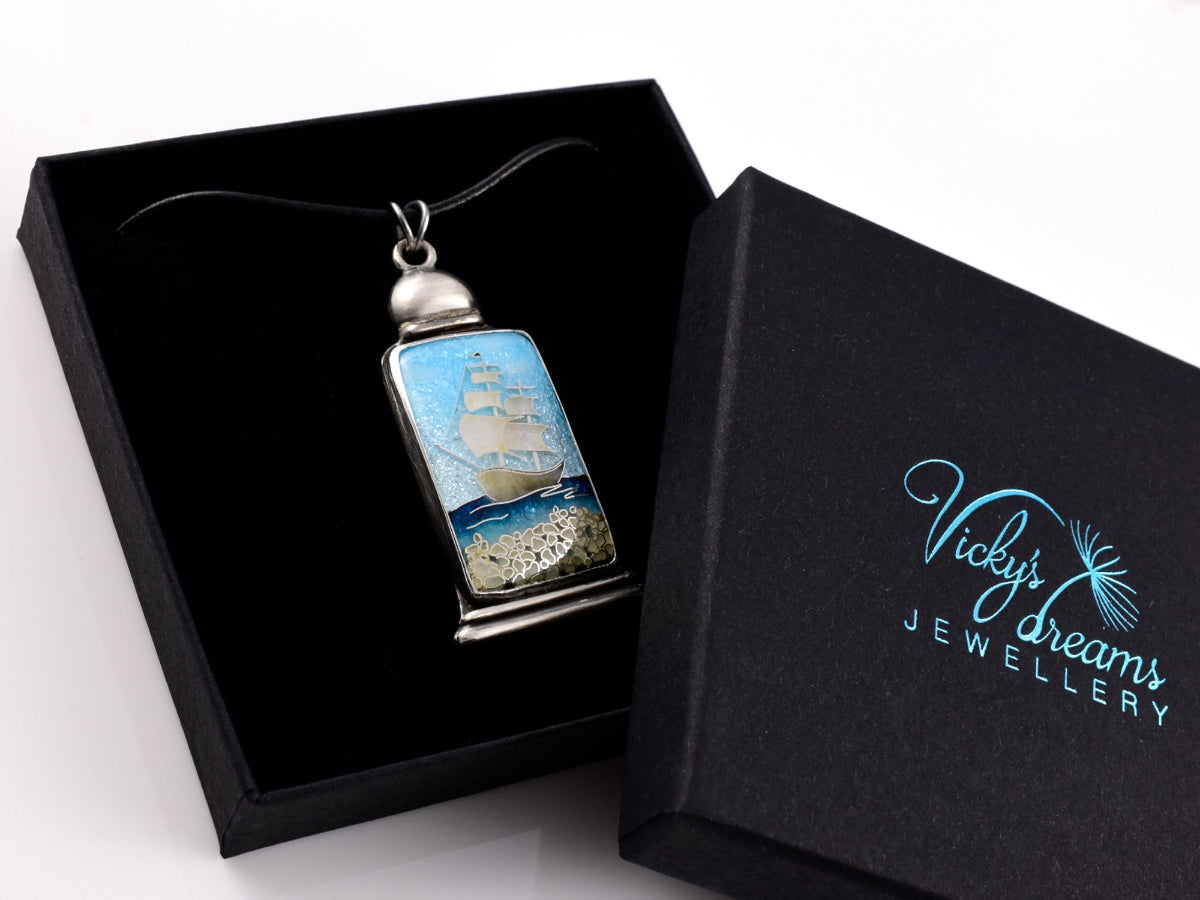 Bright blue Cloisonné enamel necklace with Sea in the Bottle design