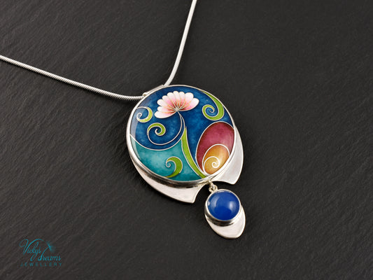 Boho flower Handmade Cloisonné Enamel Necklace – Vibrant Floral Design with Sterling Silver and Blue Agate