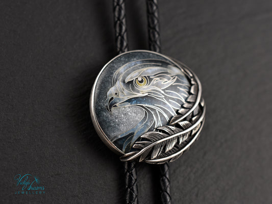 Eagle Spirit Bolo Tie – Cloisonné Enamel in Sterling Silver Feathers