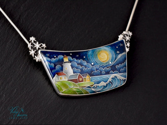 The Lightkeeper – Cloisonné Enamel Pendant with Lighthouse and Starry Sea