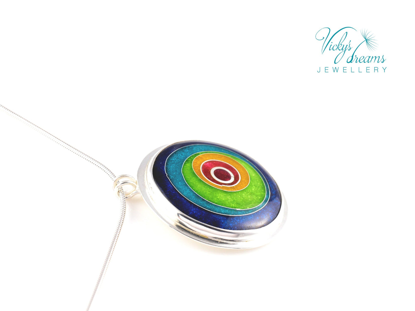 Handmade cloisonné enamel circles pendant in vibrant colors with sterling silver bezel