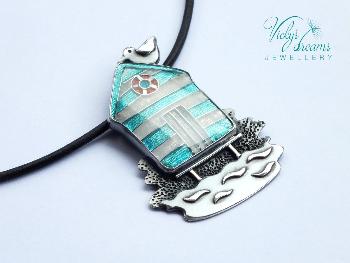 cloisonne enamel Silver pendant with bech hut design , branded 'Vicky's Dreams Jewellery'.