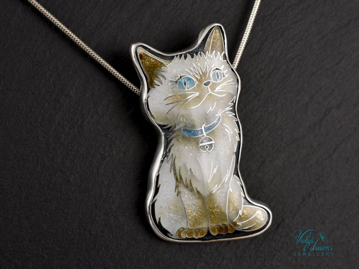 Burmese Cat Cloisonné Enamel Pendant - Handmade Sterling Silver Jewelry