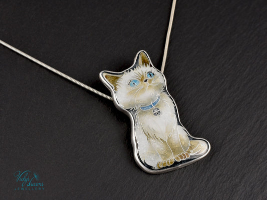 Burmese Cat Cloisonné Enamel Pendant - Handmade Sterling Silver Jewelry