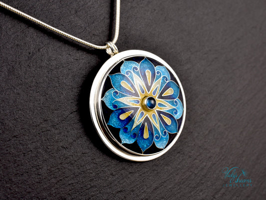 Handmade cloisonné blue mandala enamel pendant with London Blue Topaz gemstone in sterling silver
