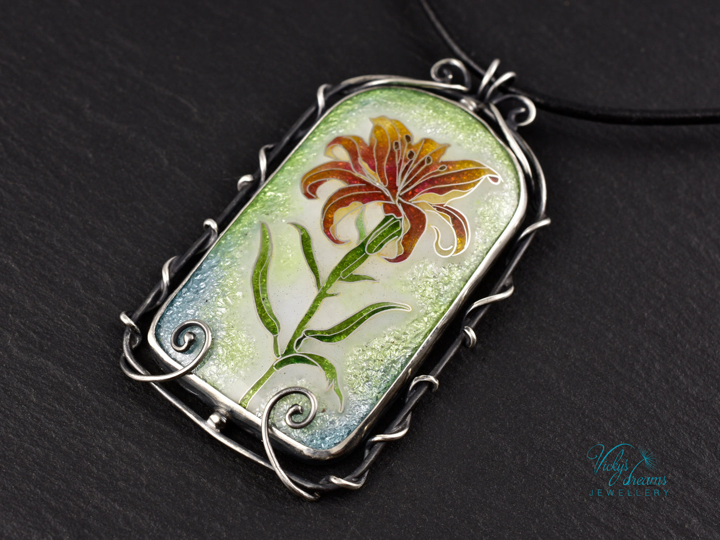 Handmade cloisonné fire lily enamel pendant on sterling silver with leather cord