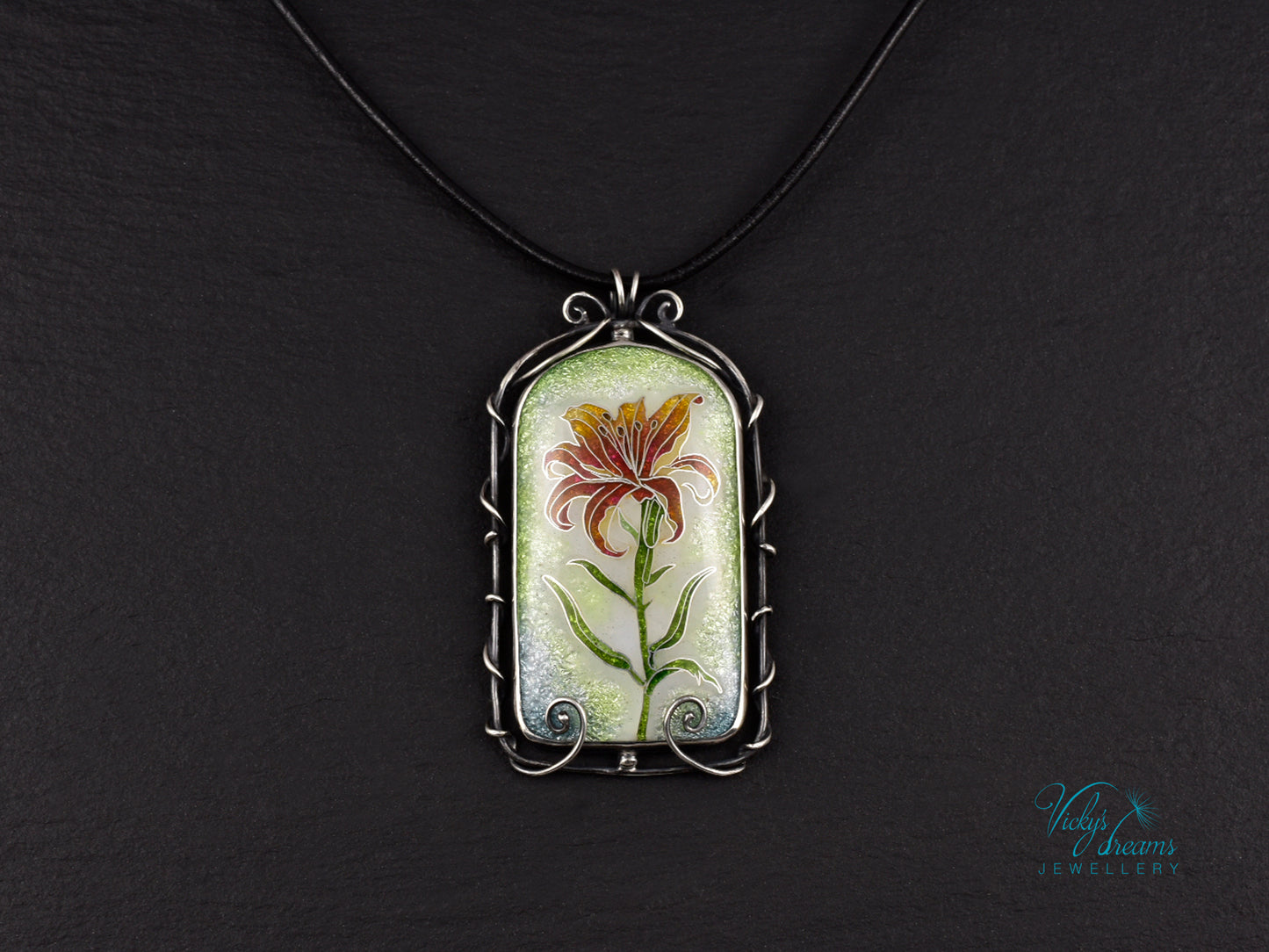 Handmade cloisonné fire lily enamel pendant on sterling silver with leather cord