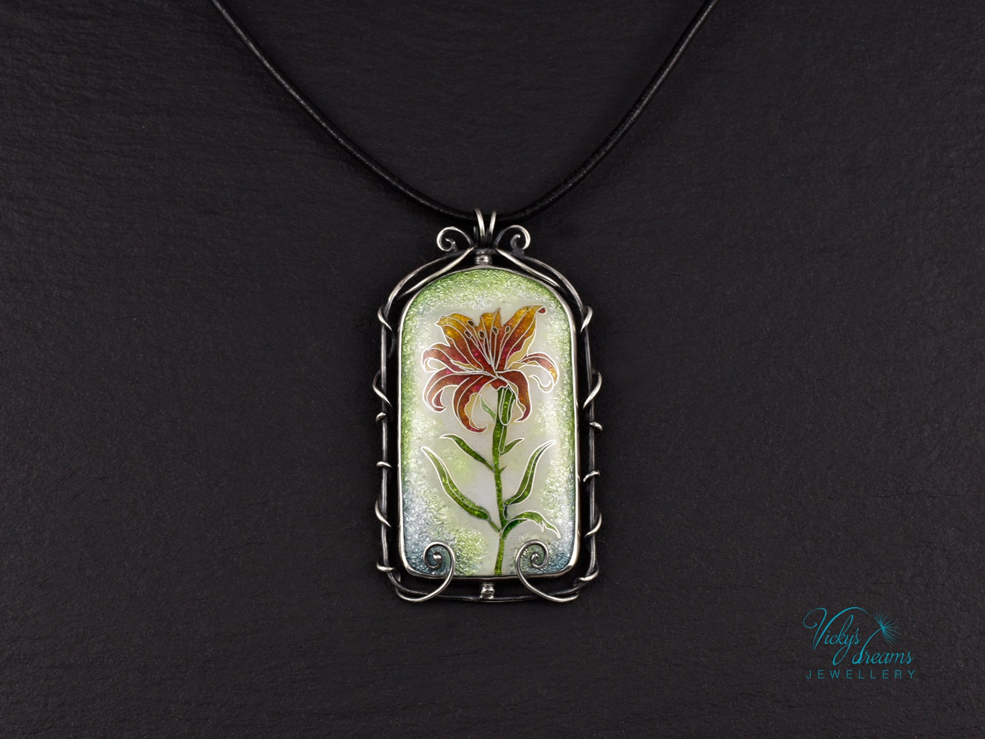 Handmade cloisonné fire lily enamel pendant on sterling silver with leather cord