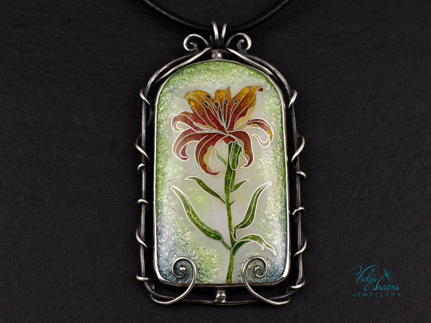Handmade cloisonné fire lily enamel pendant on sterling silver with leather cord