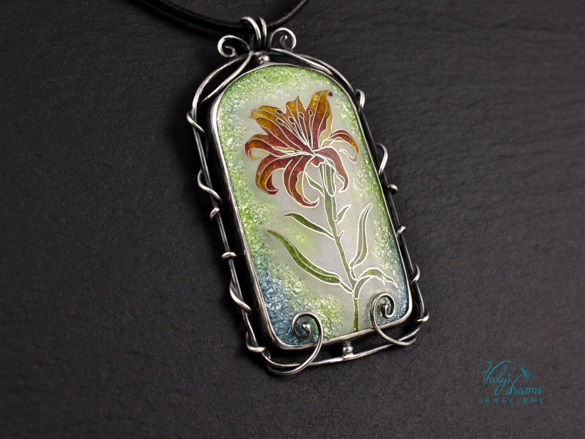 Handmade cloisonné fire lily enamel pendant on sterling silver with leather cord