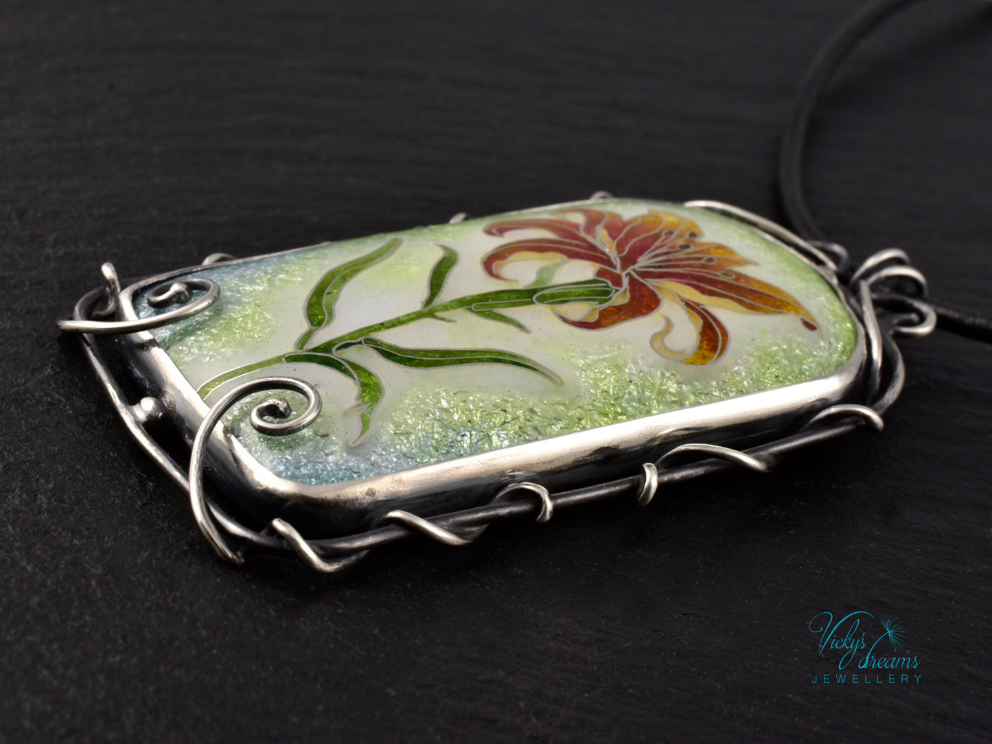 Handmade cloisonné fire lily enamel pendant on sterling silver with leather cord