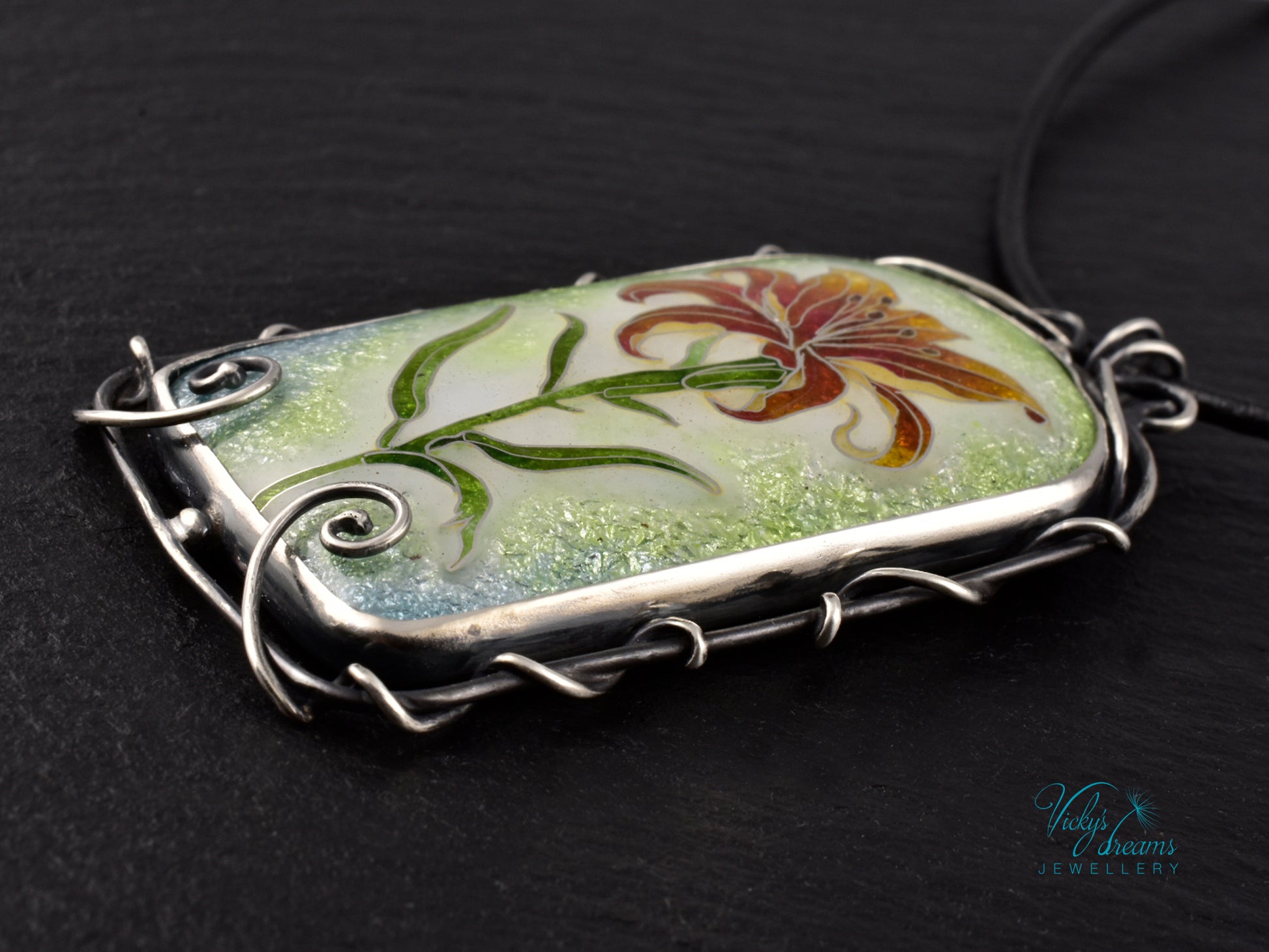 Handmade cloisonné fire lily enamel pendant on sterling silver with leather cord