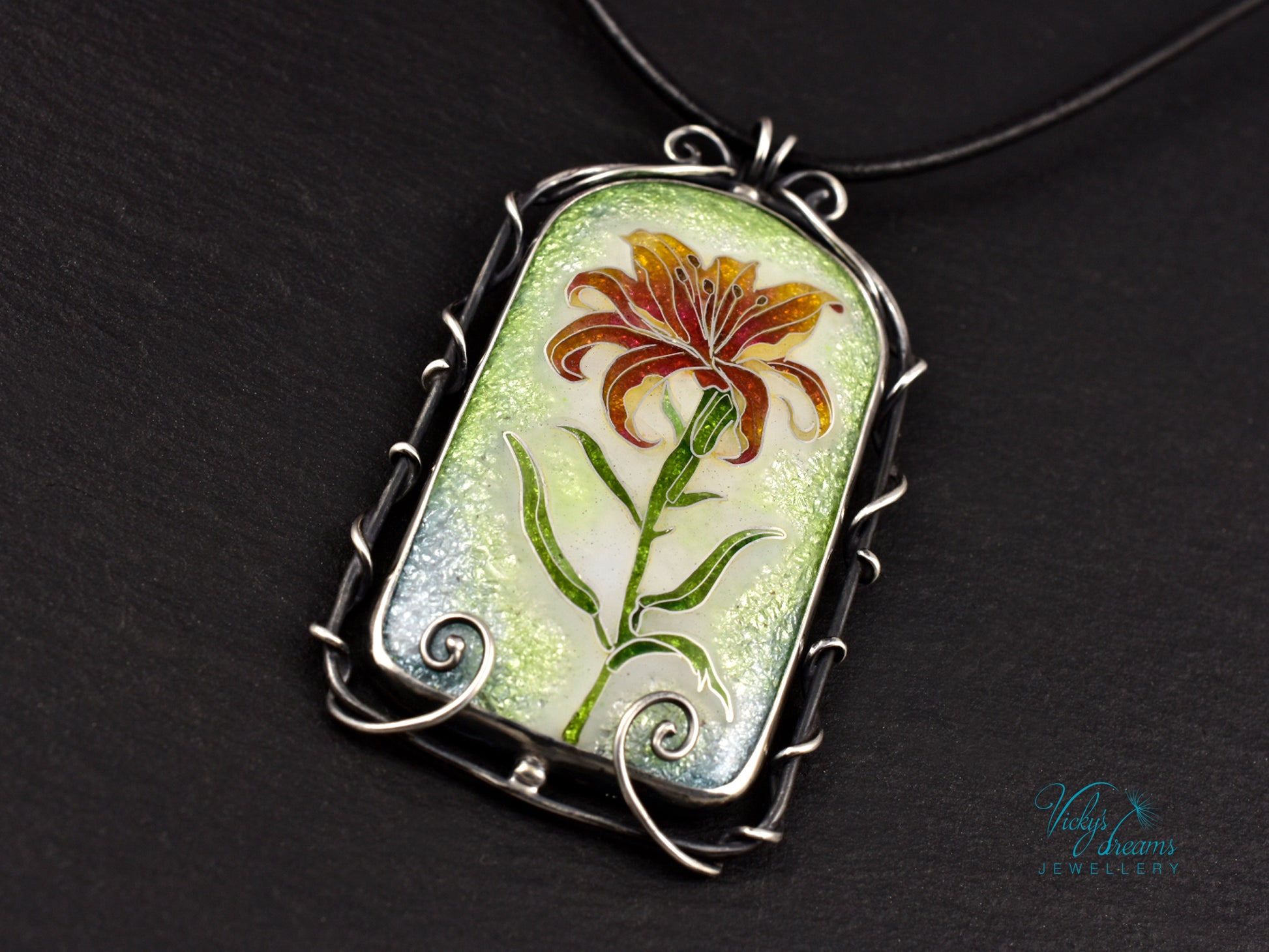Handmade cloisonné fire lily enamel pendant on sterling silver with leather cord
