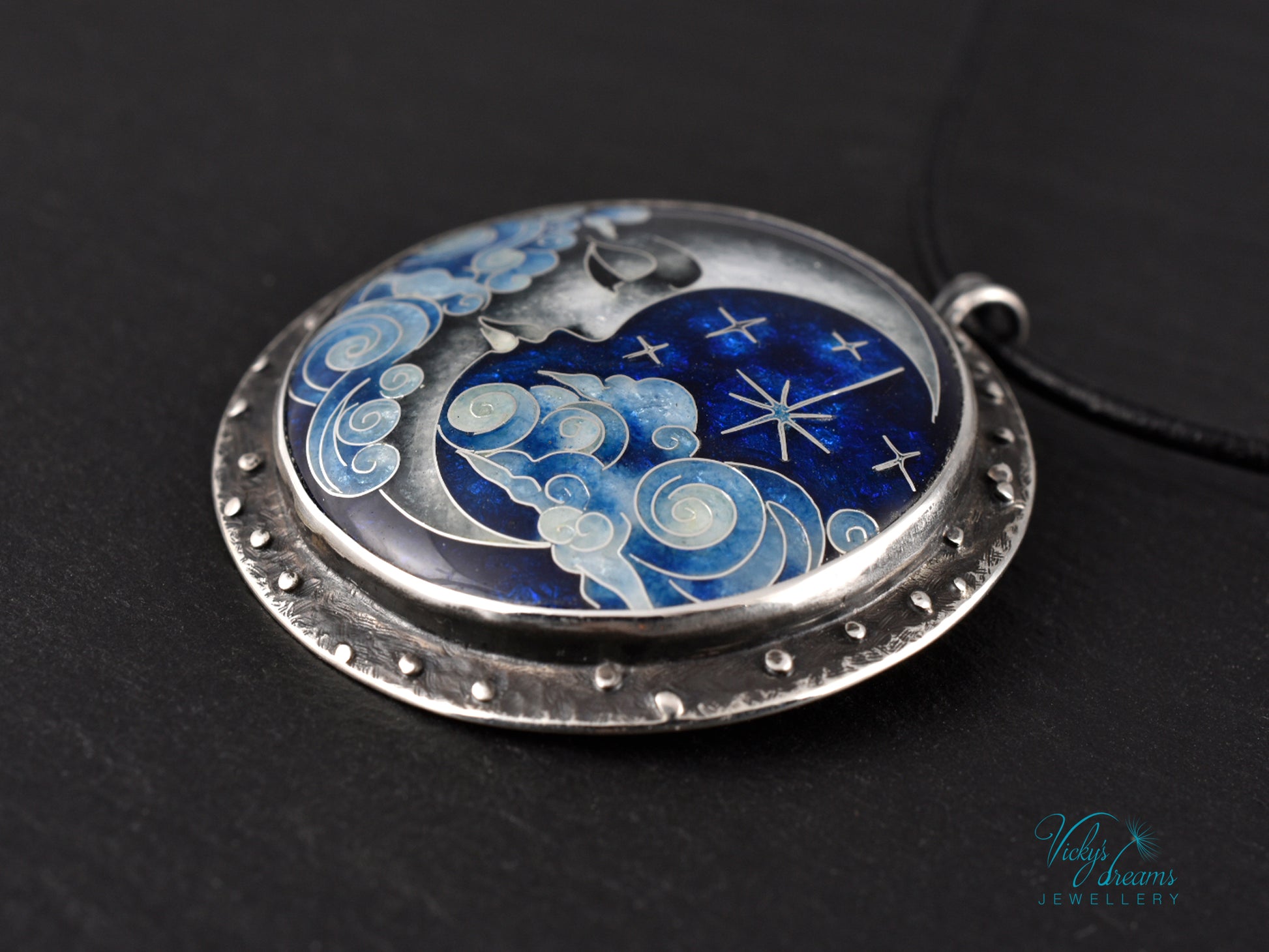 Moon and Stars Cloisonné Enamel Pendant - Handmade Sterling Silver Jewelry