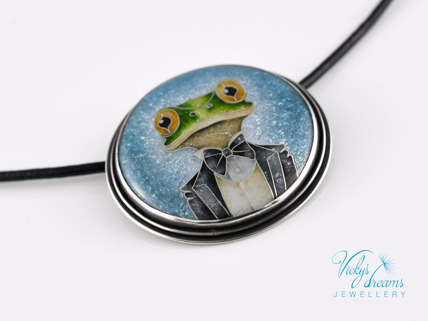 Handmade cloisonné enamel Mr. Frog pendant in oxidized sterling silver with leather cord