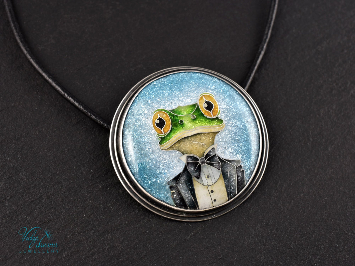 Handmade cloisonné enamel Mr. Frog pendant in oxidized sterling silver with leather cord