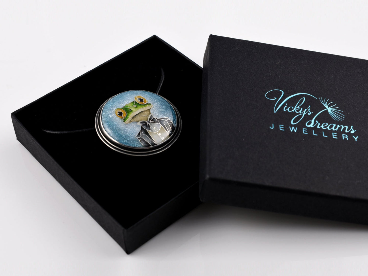 Handmade cloisonné enamel Mr. Frog pendant in oxidized sterling silver with leather cord