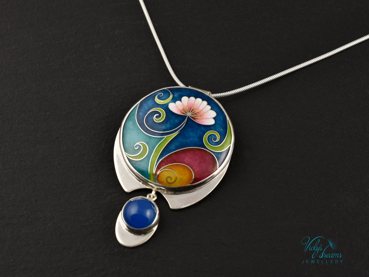 Colorful cloisonne enamel pendant with floral design with blue agathe