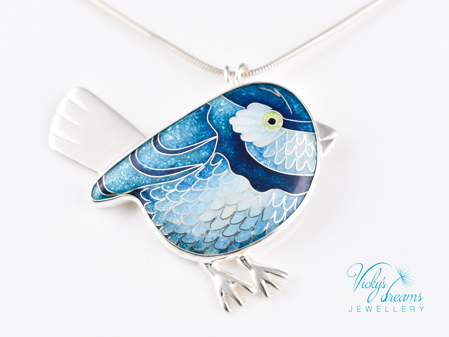 Vibrant blue birdie Cloisonné enamel pendant