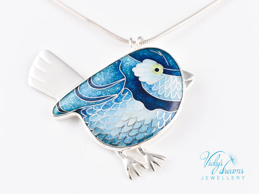 Vibrant blue birdie Cloisonné enamel pendant