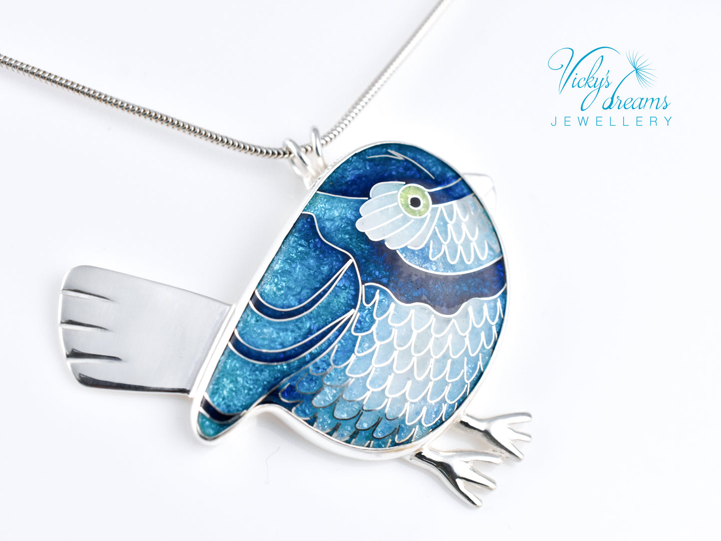 Vibrant blue birdie Cloisonné enamel pendant