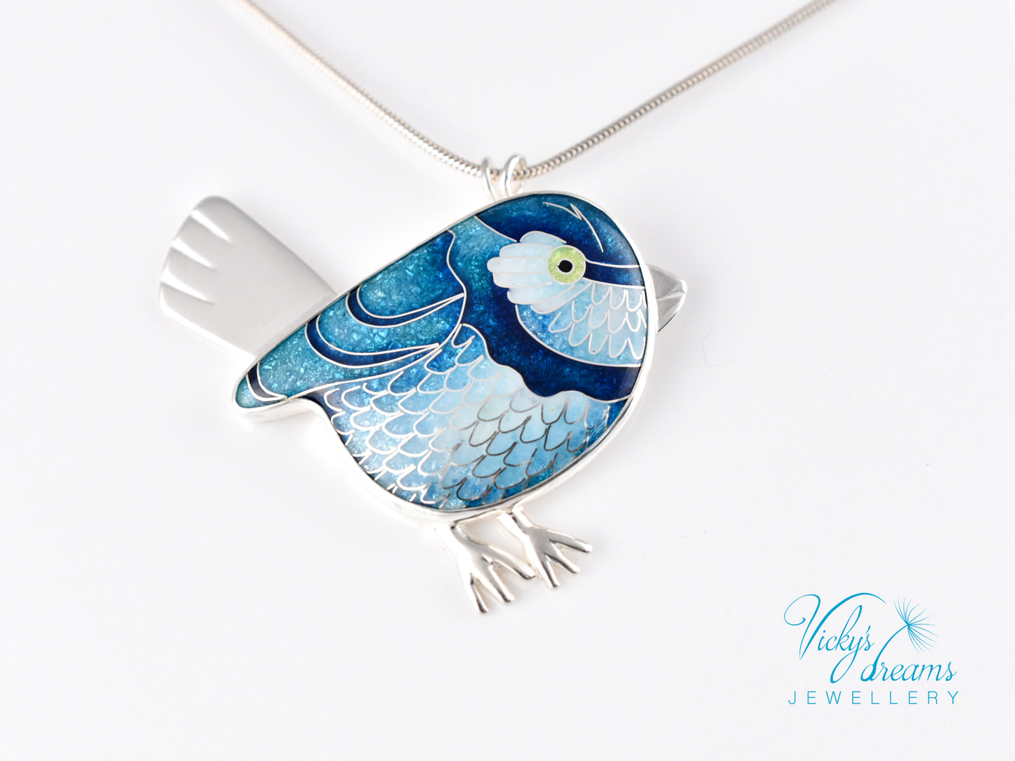 Vibrant blue birdie Cloisonné enamel pendant