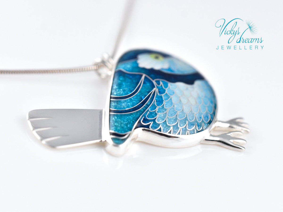 Vibrant blue birdie Cloisonné enamel pendant