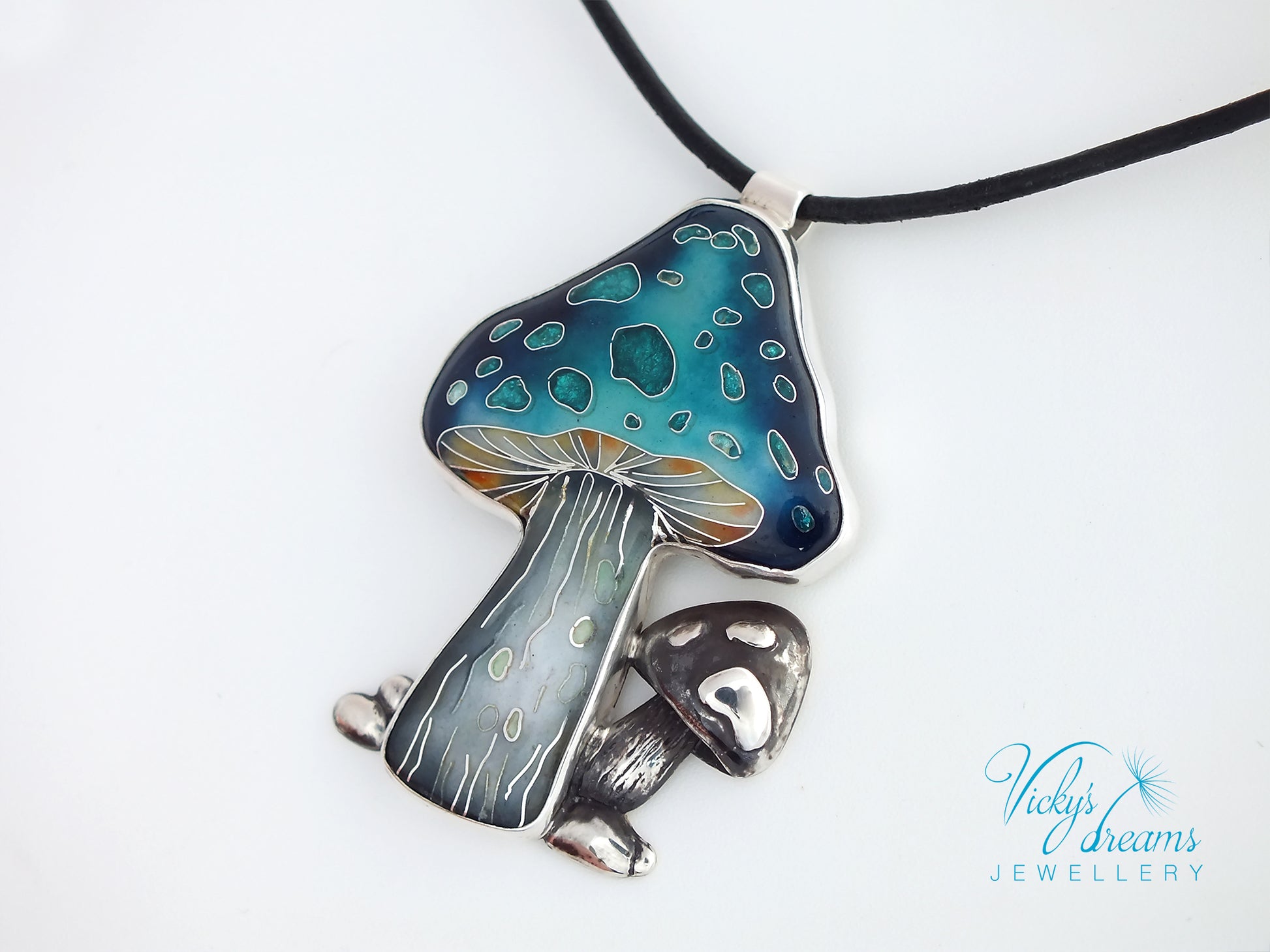 Mushroom-shaped pendant on a white background with 'Vicky's Dreams Jewellery' branding.