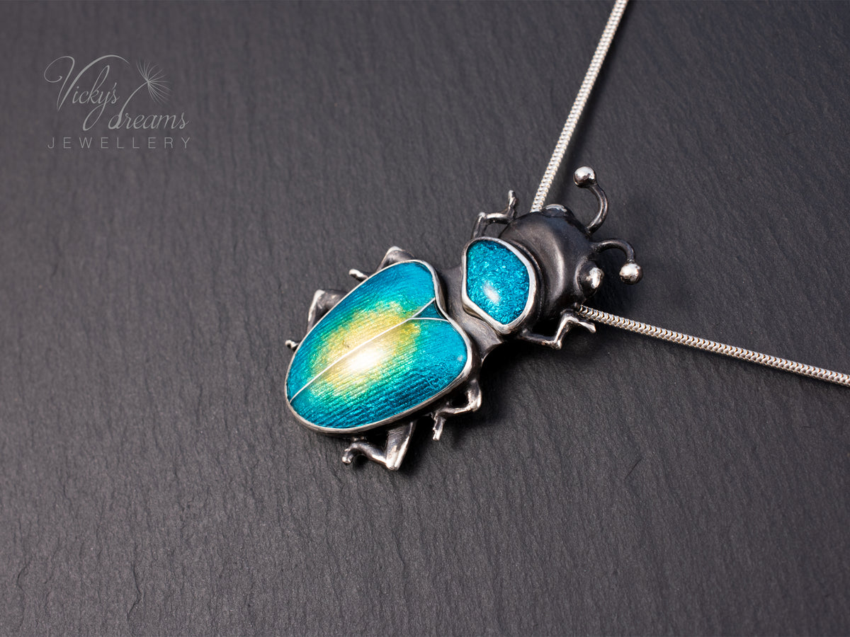 Handmade Cloisonne Beetle Necklace - Vitreous Enamel Insect Pendant, Gothic Witchy Nature Jewelry, OOAK Wearable Art Bug Amulet Gift