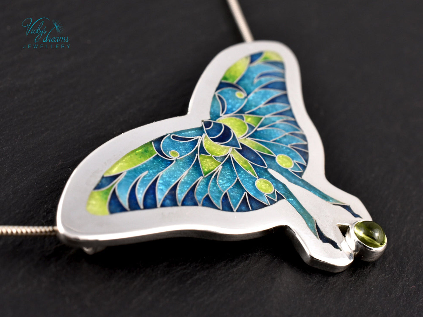 Cloisonné & Champlevé Butterfly Pendant: Peridot-Accented Enamel Artistry Necklace