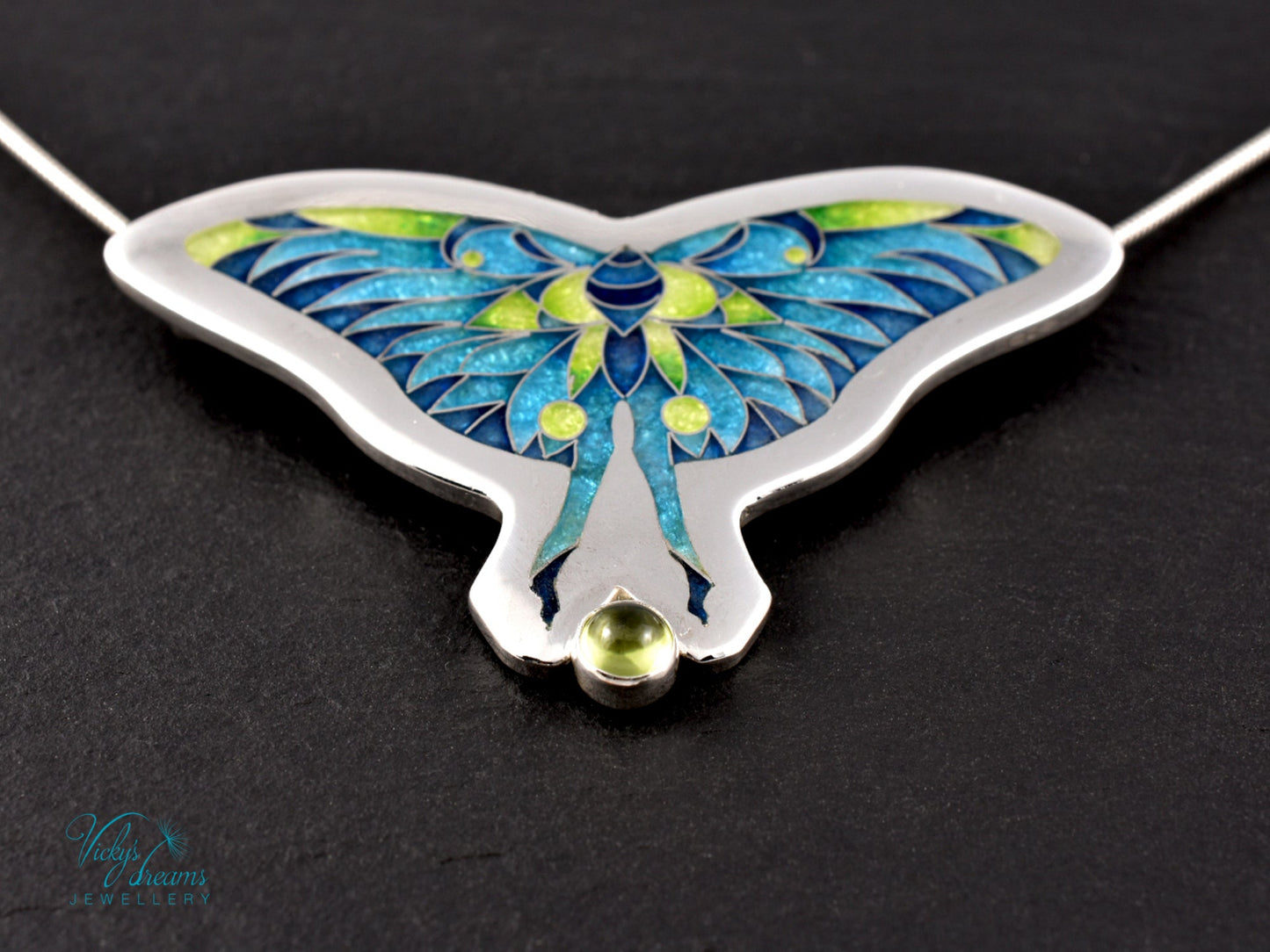 Cloisonné & Champlevé Butterfly Pendant: Peridot-Accented Enamel Artistry Necklace