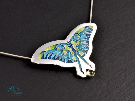 Cloisonné & Champlevé Butterfly Pendant: Peridot-Accented Enamel Artistry Necklace