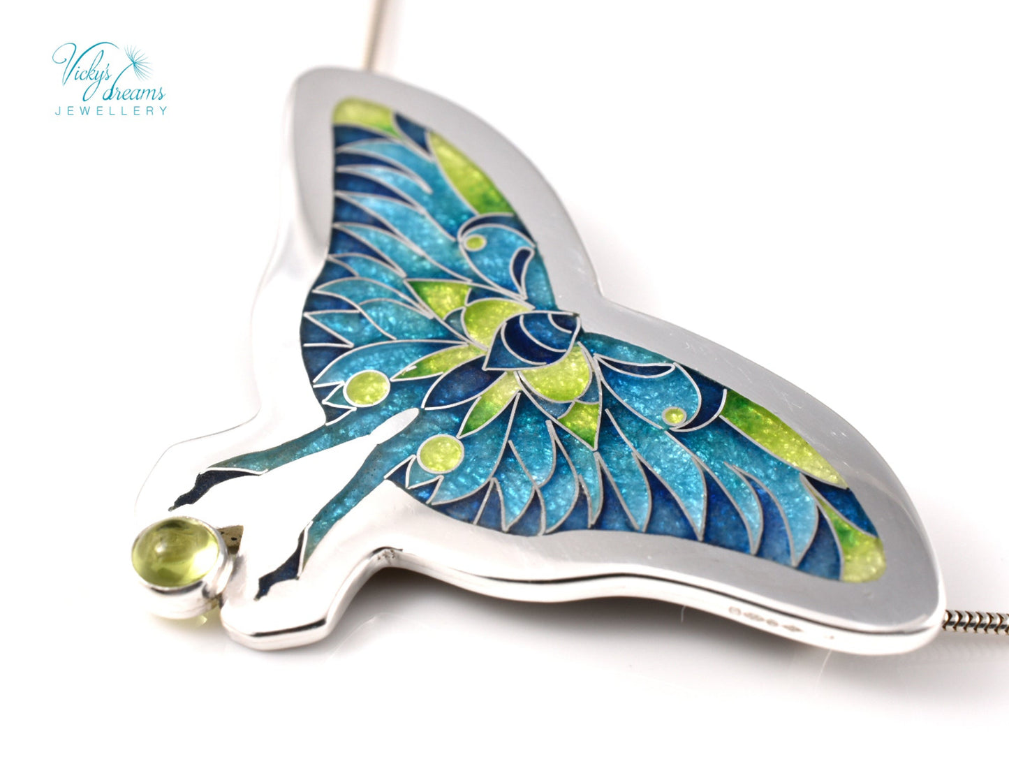Cloisonné & Champlevé Butterfly Pendant: Peridot-Accented Enamel Artistry Necklace