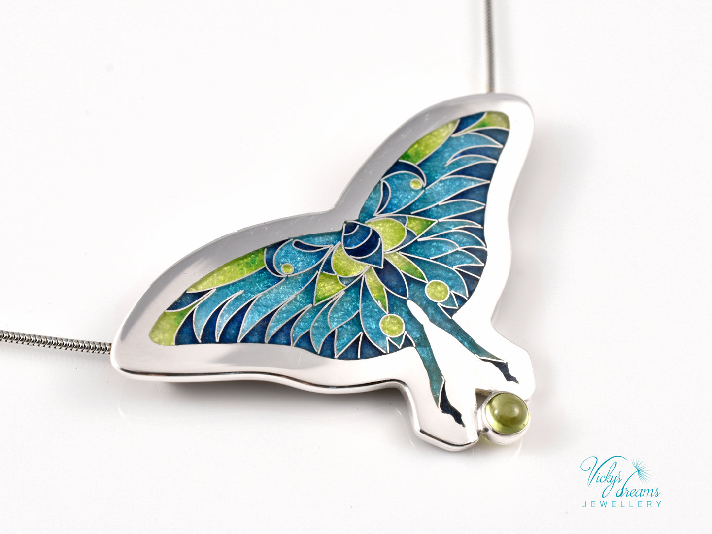 Cloisonné & Champlevé Butterfly Pendant: Peridot-Accented Enamel Artistry Necklace