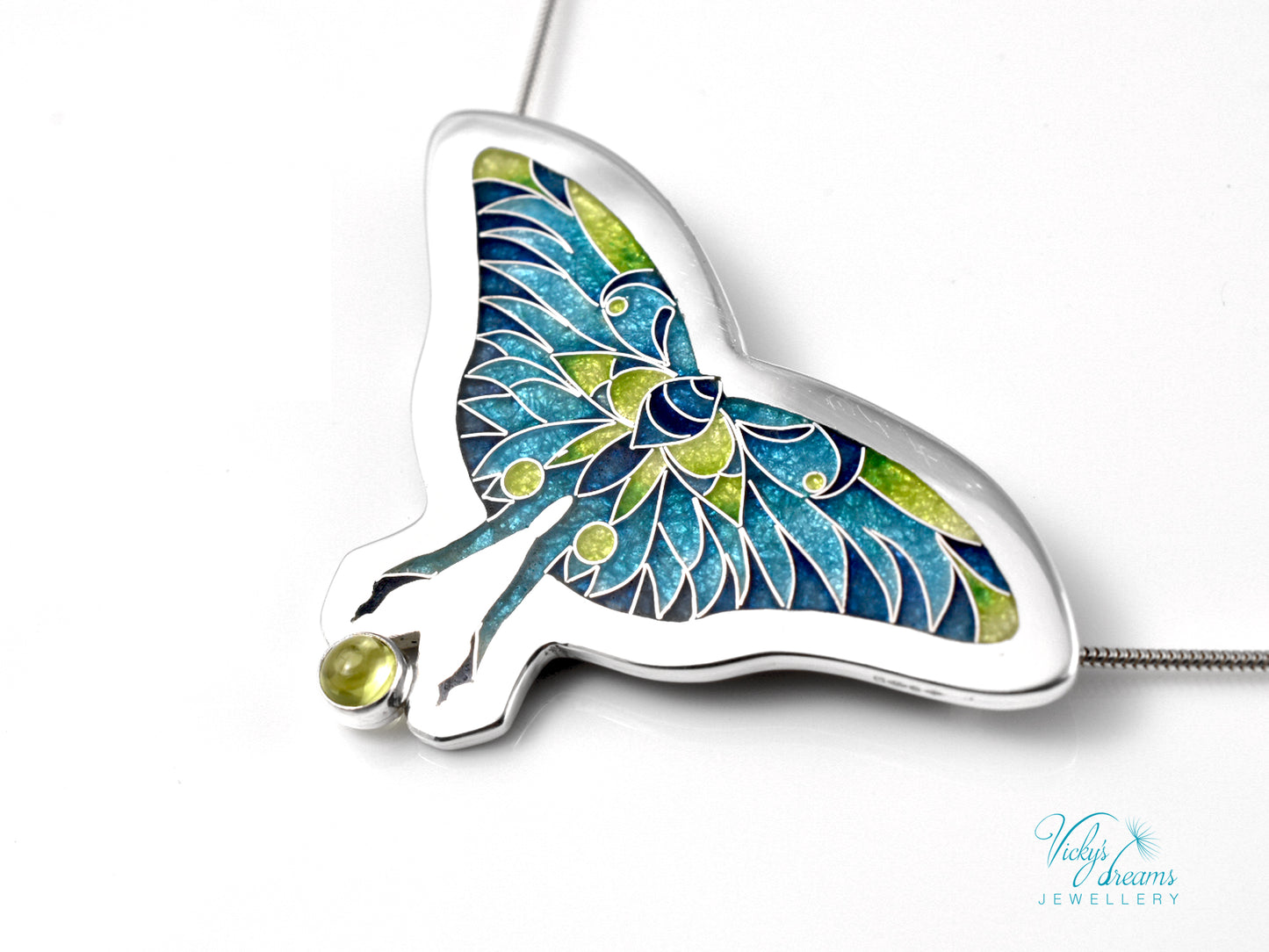 Cloisonné & Champlevé Butterfly Pendant: Peridot-Accented Enamel Artistry Necklace