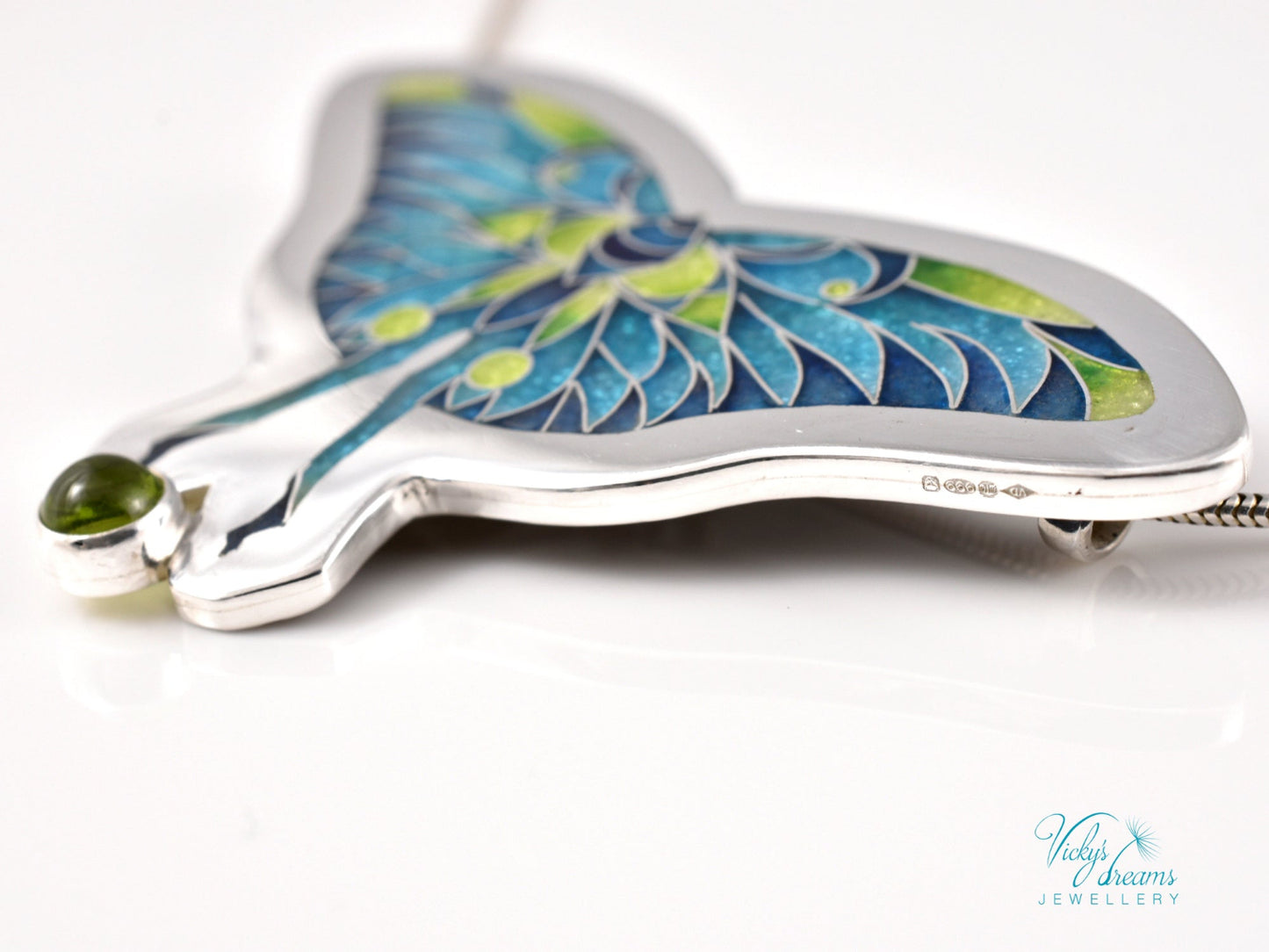 Cloisonné & Champlevé Butterfly Pendant: Peridot-Accented Enamel Artistry Necklace