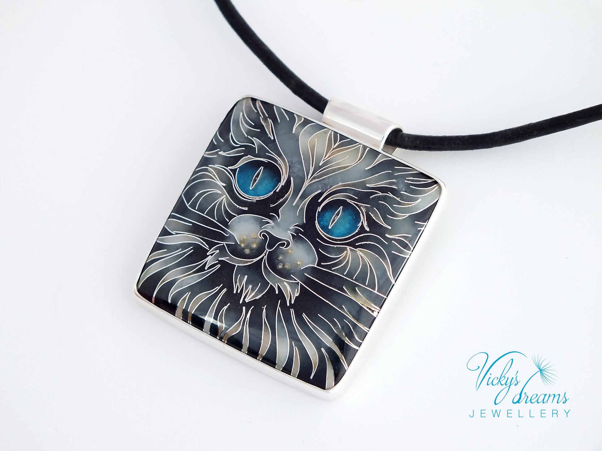 Handmade cloisonné blue-eyed cat pendant necklace in sterling silver