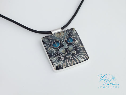 Handmade cloisonné blue-eyed cat pendant necklace in sterling silver