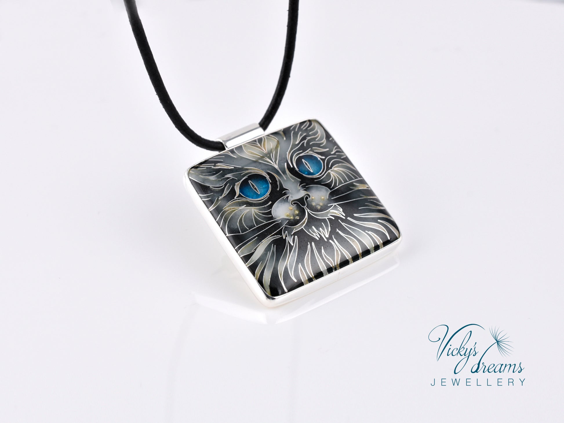 Handmade cloisonné blue-eyed cat pendant necklace in sterling silver