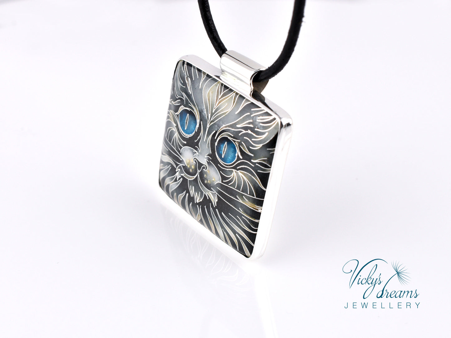 Handmade cloisonné blue-eyed cat pendant necklace in sterling silver