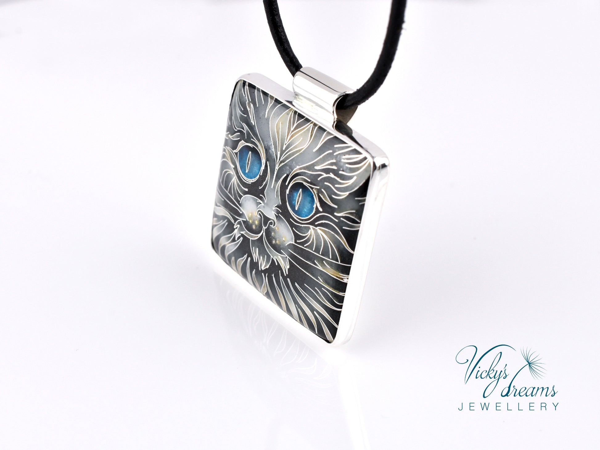 Handmade cloisonné blue-eyed cat pendant necklace in sterling silver