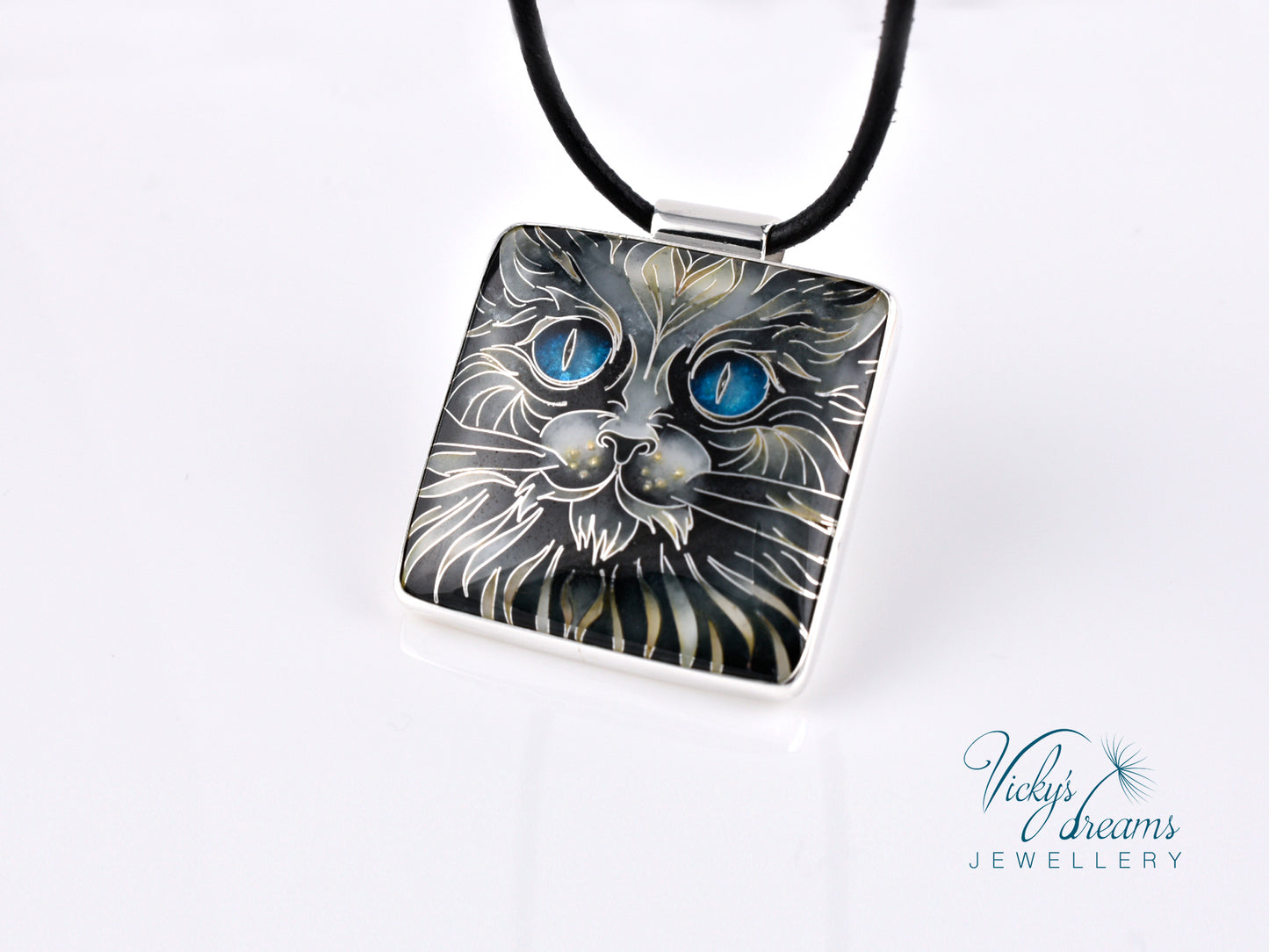 Handmade cloisonné blue-eyed cat pendant necklace in sterling silver
