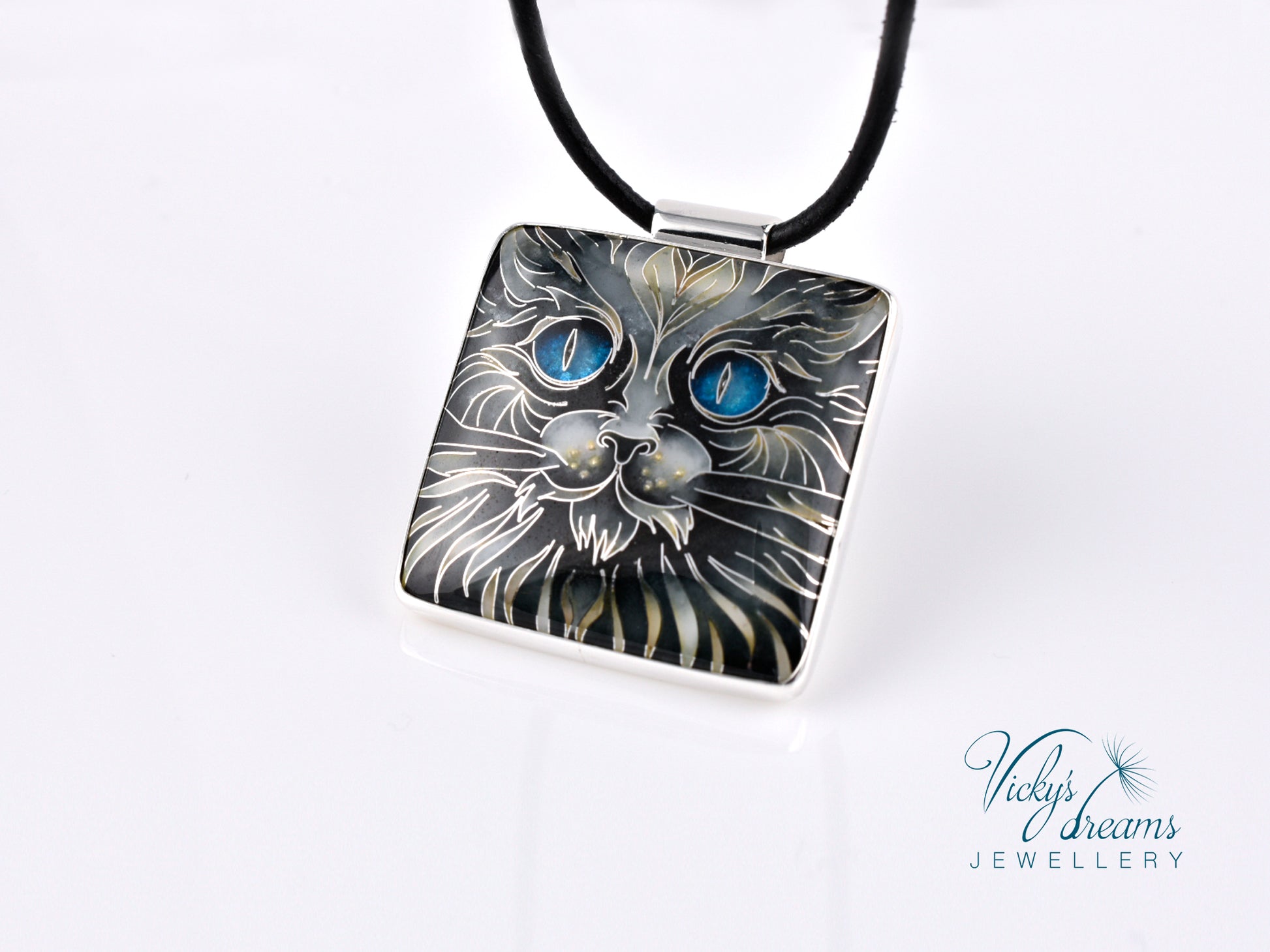 Handmade cloisonné blue-eyed cat pendant necklace in sterling silver