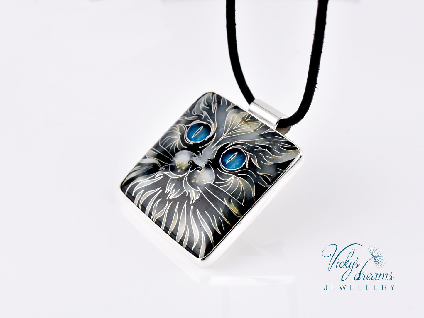 Handmade cloisonné blue-eyed cat pendant necklace in sterling silver