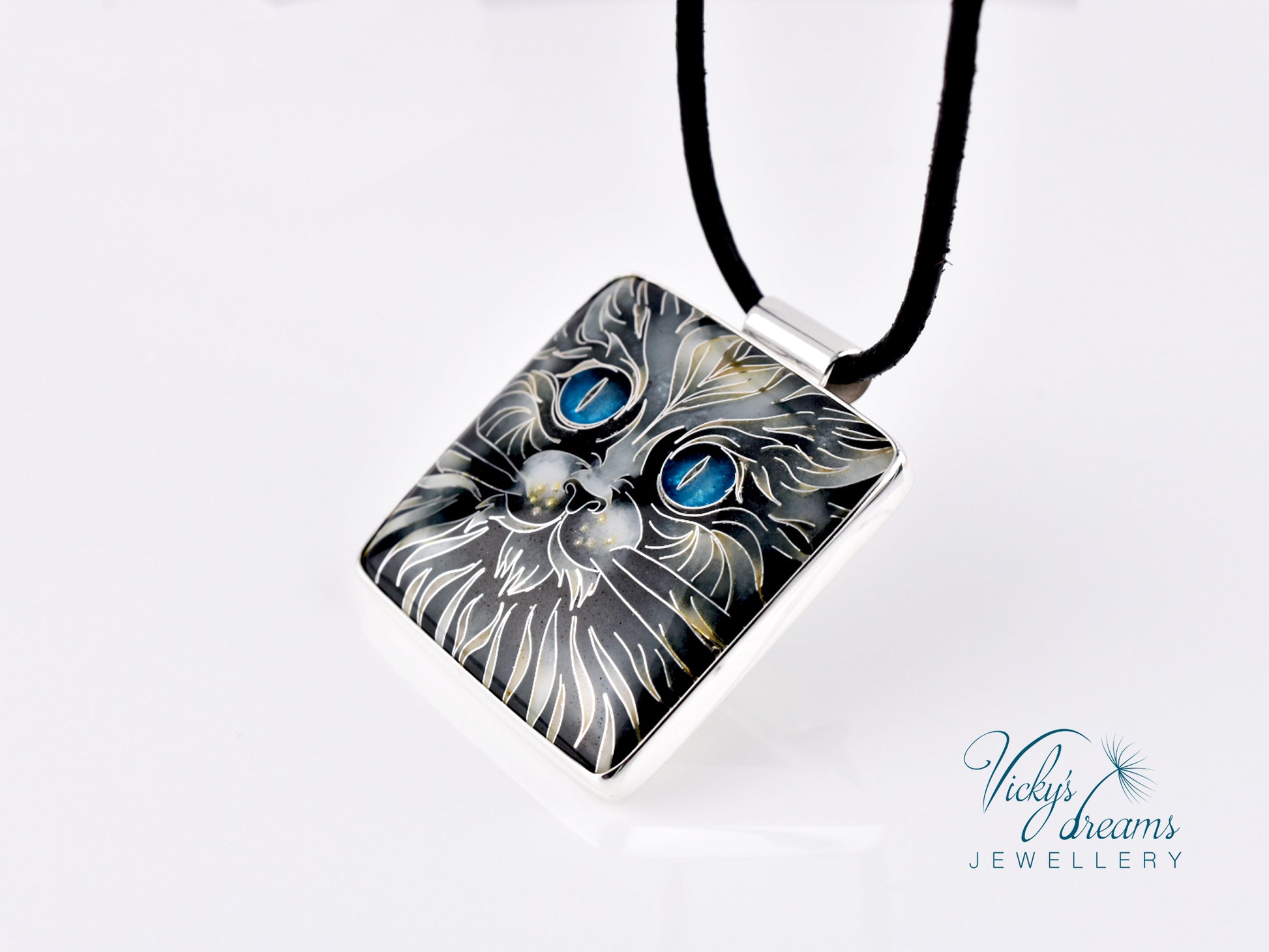 Handmade cloisonné blue-eyed cat pendant necklace in sterling silver