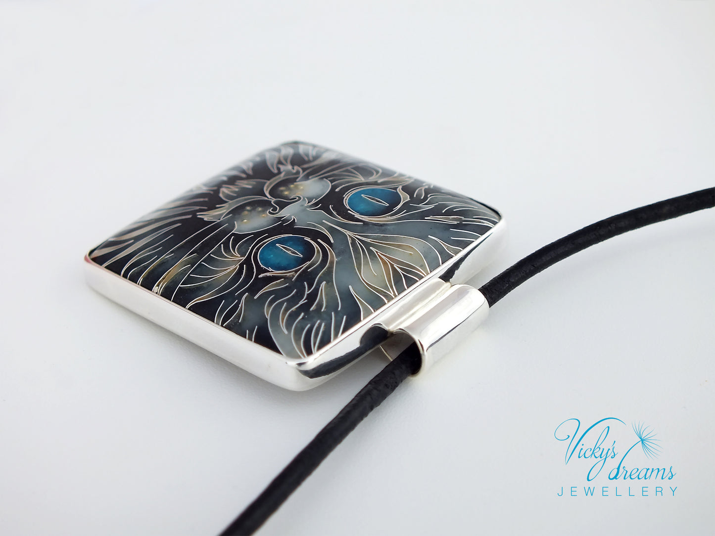 Handmade cloisonné blue-eyed cat pendant necklace in sterling silver