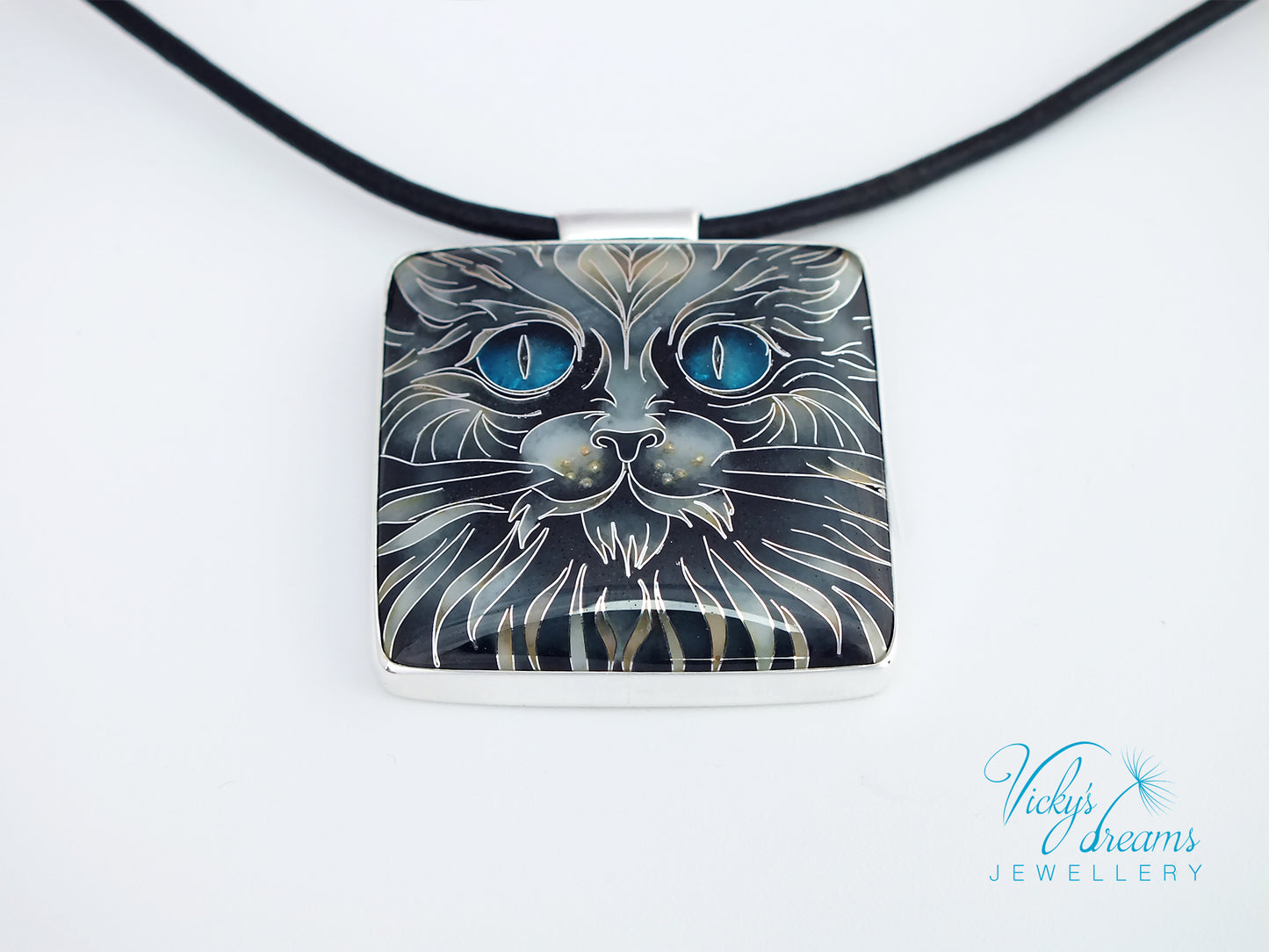 Handmade cloisonné blue-eyed cat pendant necklace in sterling silver