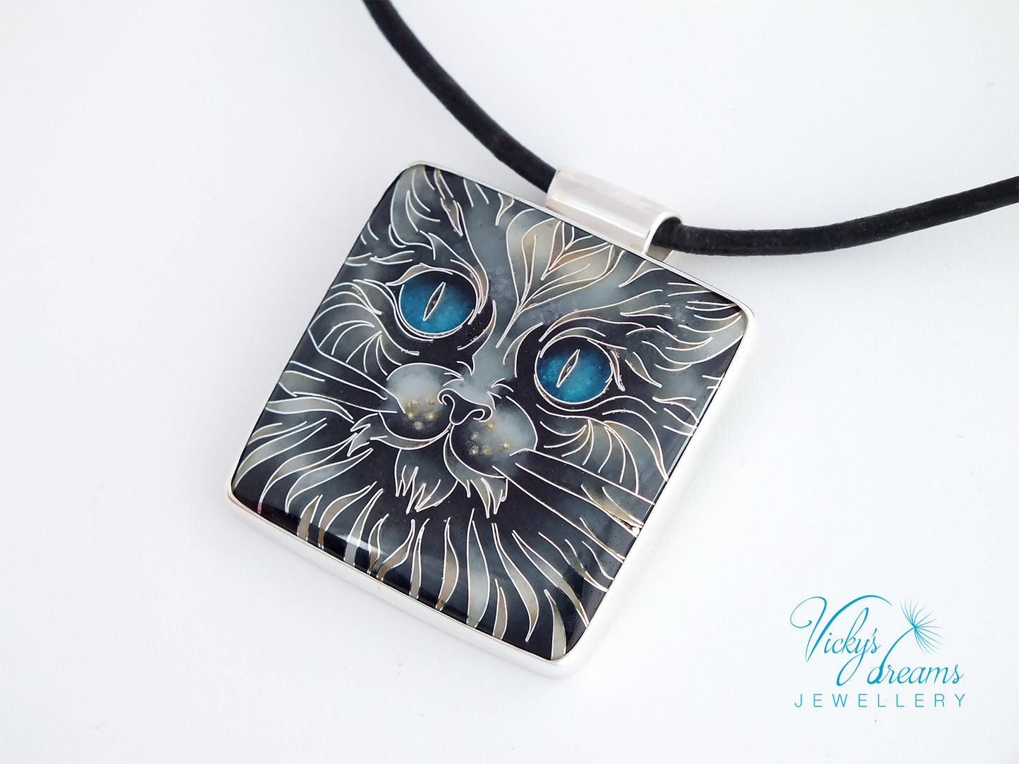 Handmade cloisonné blue-eyed cat pendant necklace in sterling silver