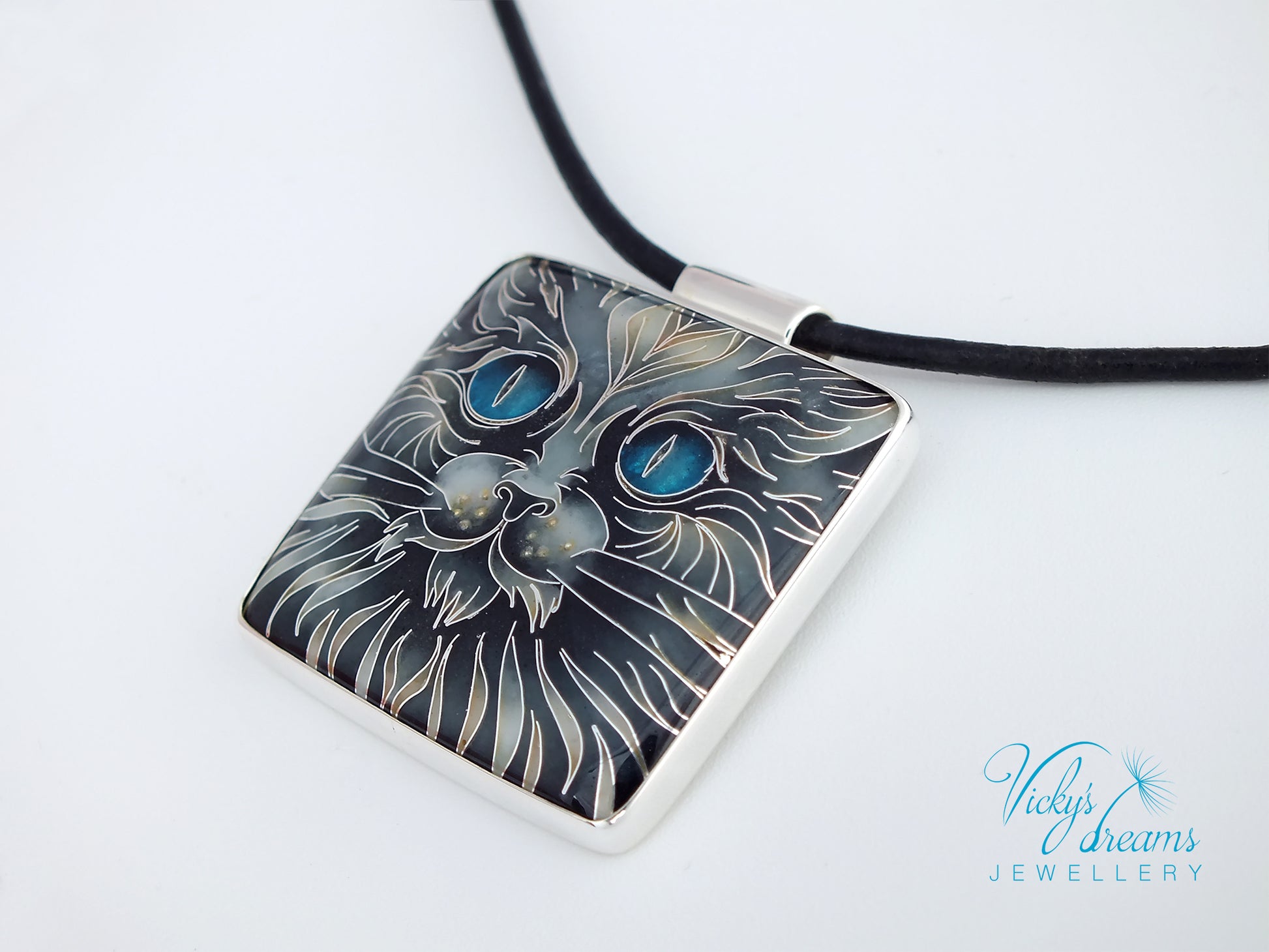 Handmade cloisonné blue-eyed cat pendant necklace in sterling silver